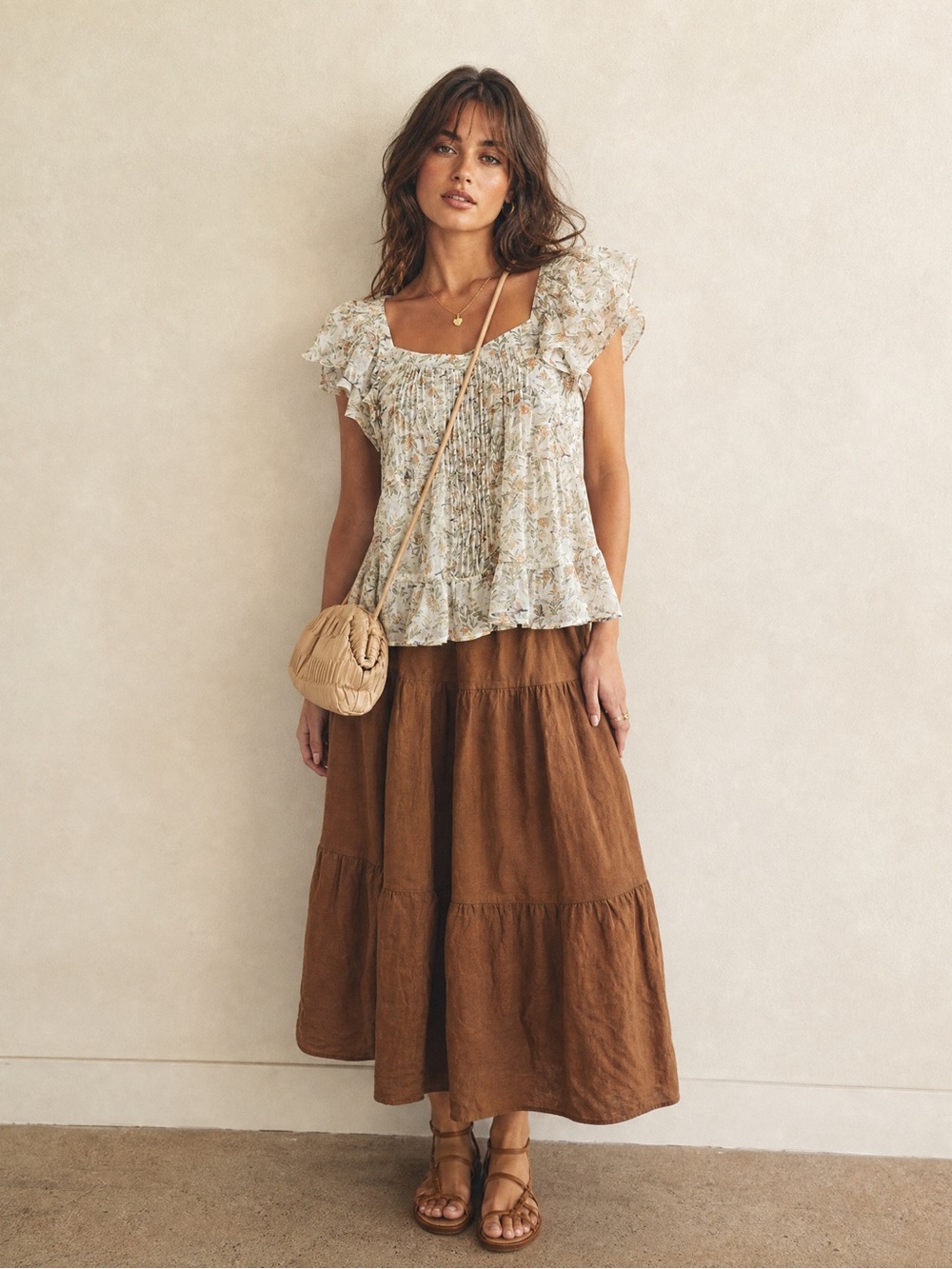 Floral Ruffle-Sleeve Peasant Top in Cream and Sage - Picture 5 of 7